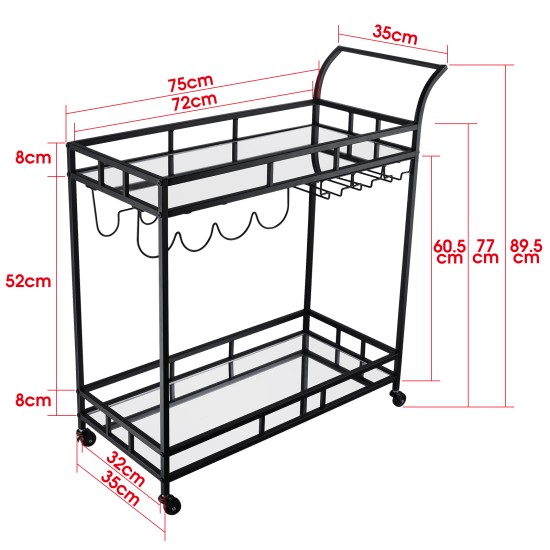 Bar Trolley with Mirror Shelves Rolling Wine and Service Trolley With Wine Rack And Glass Holder Modern Home Bar Storage Trolley Suitable for Kitchen and Restaurant